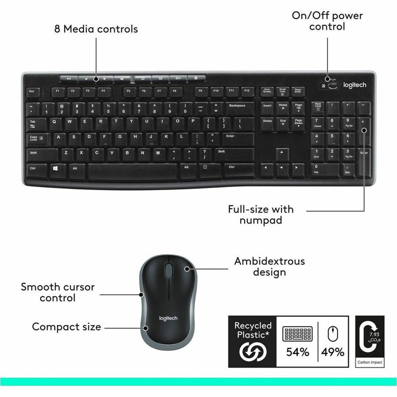 Logitech MK270 Wireless Keyboard and Mouse Combo for Windows, 2.4 GHz Wireless, Compact Mouse, 8 Multimedia and Shortcut Keys, 2-Year Battery Life, for PC, Laptop