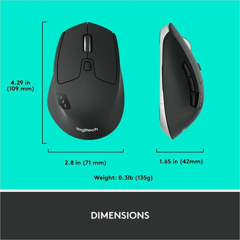 Logitech M720 Triathlon Multi-Device Wireless Mouse, Bluetooth, USB Unifying Receiver, 1000 DPI, 8 Buttons, 2-Year Battery, Compatible with Laptop, PC, Mac, iPadOS - Black