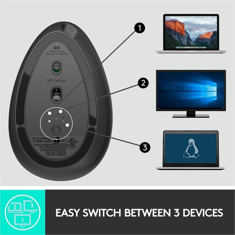 Logitech MX Vertical Wireless Mouse - Ergonomic Design Reduces Muscle Strain, Rechargeable, Graphite