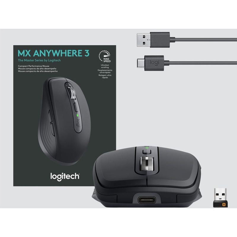 Logitech MX Anywhere 3 Compact Performance Mouse, Wireless, Comfort, Fast Scrolling, Any Surface, Portable, 4000DPI, Customizable Buttons, USB-C, Bluetooth, Apple Mac, iPad, Windows PC, Linux, Chrome (Black)