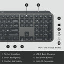 Logitech MX Keys Wireless Illuminated Keyboard for Business, Quiet Perfect-Stroke Keys, Logi Bolt Technology - Graphite