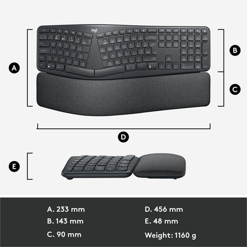 Logitech Ergo K860 Split Wireless Keyboard for Business - Ergonomic Design, Secured Logi Bolt Technology, Graphite