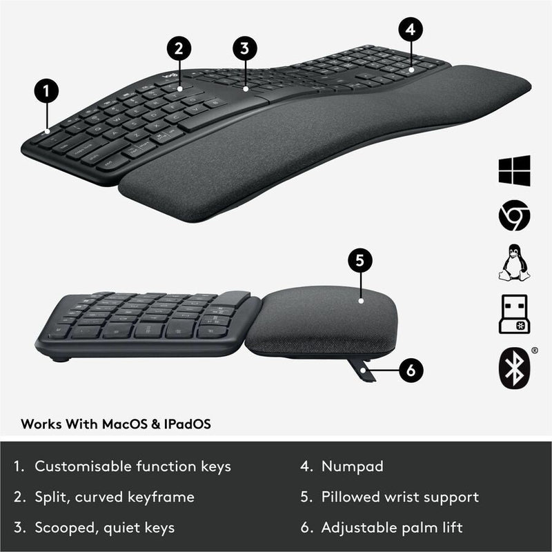 Logitech Ergo K860 Split Wireless Keyboard for Business - Ergonomic Design, Secured Logi Bolt Technology, Graphite