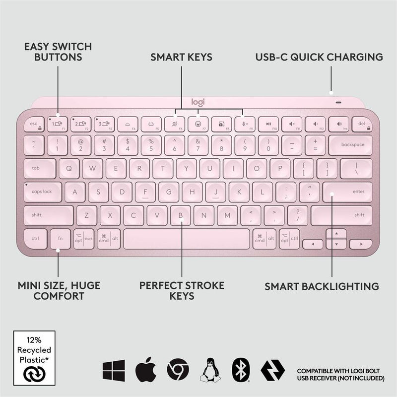 Logitech MX Keys Mini Minimalist Wireless Illuminated Keyboard, Compact, Bluetooth, USB-C - Rose