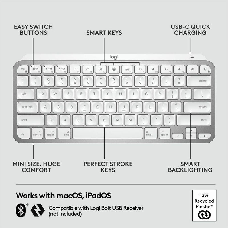 Logitech MX Keys Mini for Mac Minimalist Wireless Illuminated Keyboard, Bluetooth, Backlit Keys, USB-C, Metal Build, Pale Grey