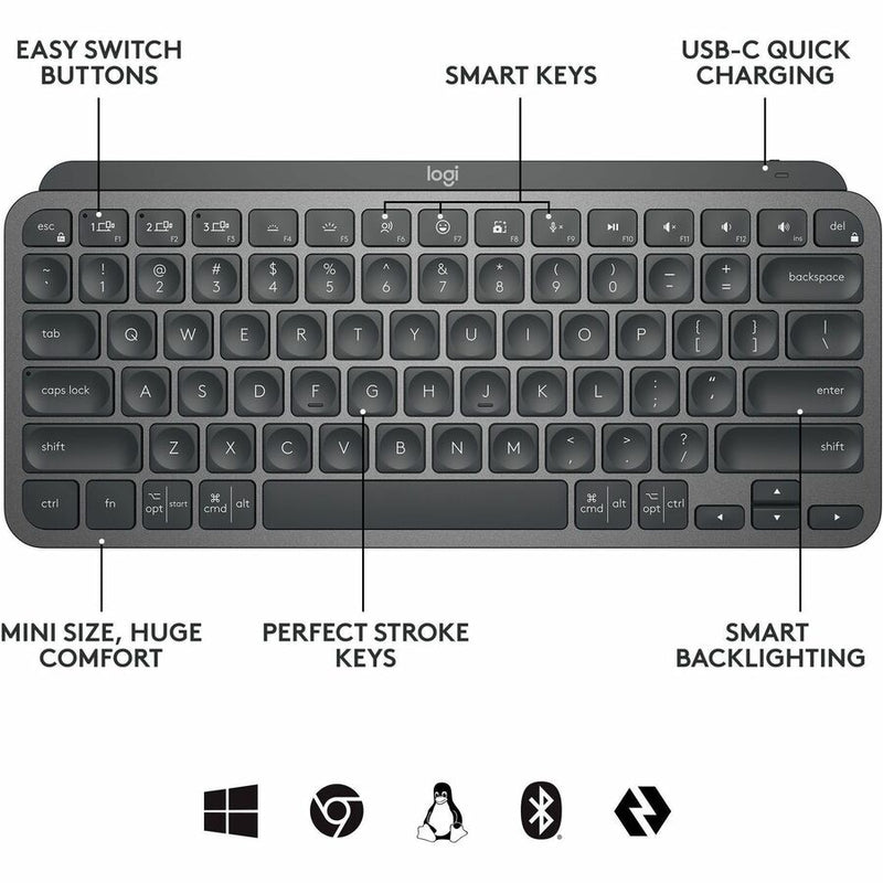 Logitech MX Keys Mini Wireless Illuminated Keyboard for Business, Compact, Logi Bolt Technology, Graphite