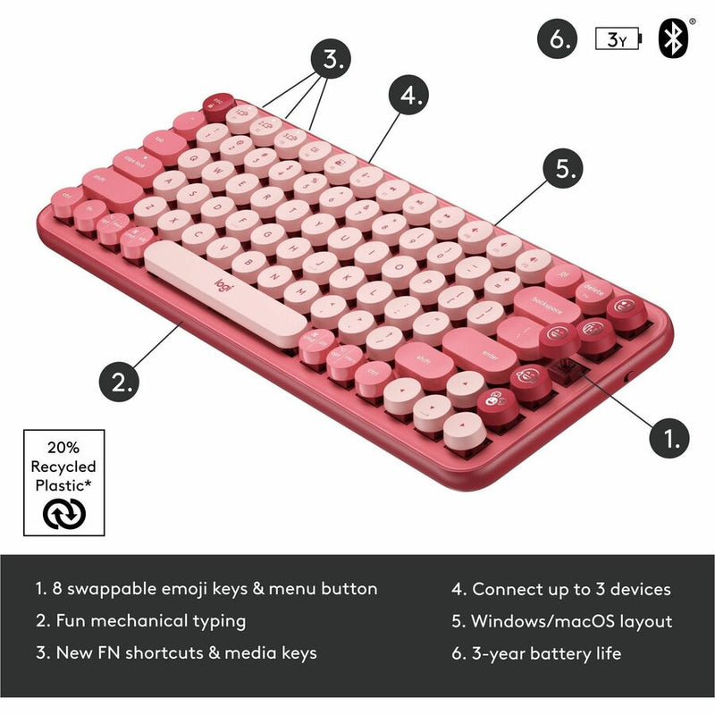 Logitech POP Keys Wireless Mechanical Keyboard With Emoji Keys - Heartbreaker Rose