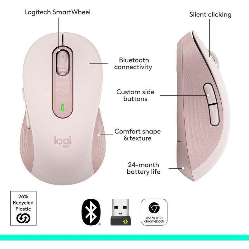 Logitech Signature M650 Wireless Mouse - For Small to Medium Sized Hands, 2-Year Battery, Silent Clicks, Rose