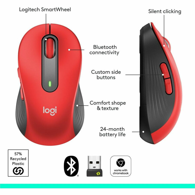 Logitech Signature M650 L Full Size Wireless Mouse - For Large Sized Hands, 2-Year Battery, Silent Clicks, Bluetooth, Red