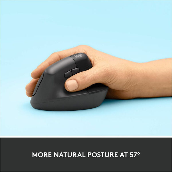 Logitech Lift Vertical Ergonomic Mouse, Wireless, Bluetooth or Logi Bolt USB receiver, Quiet clicks, 4 buttons, Graphite