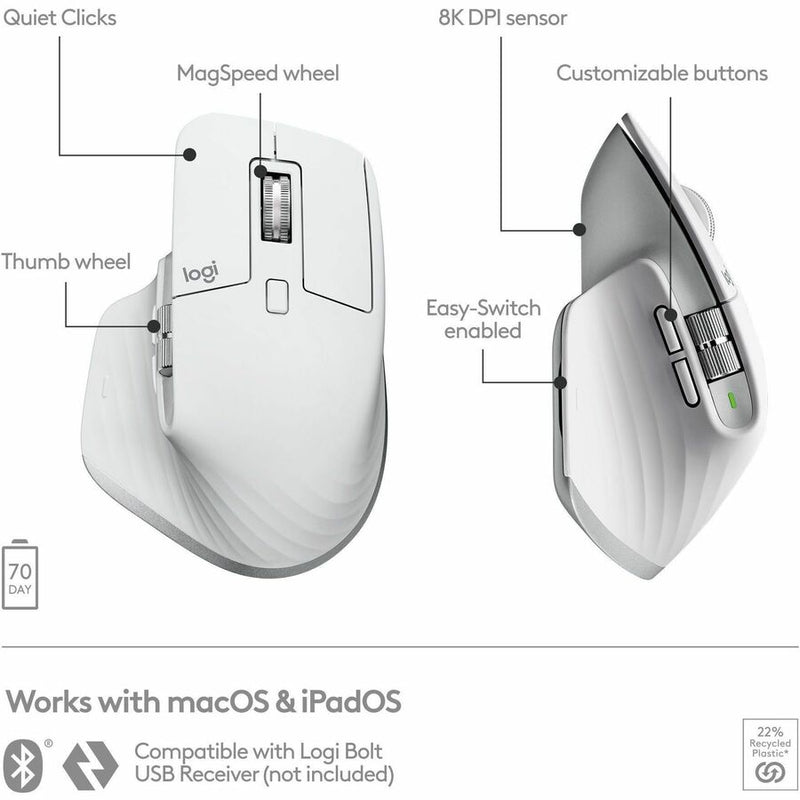 Logitech MX Master 3S for Mac - Wireless Bluetooth Mouse with Ultra-fast Scrolling, Ergo, 8K DPI, Quiet Clicks, Pale Gray