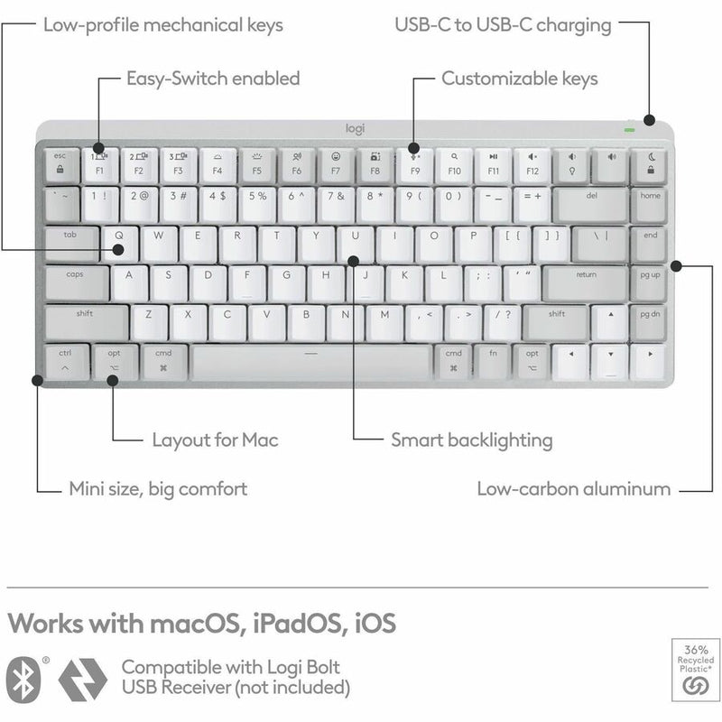 Logitech MX Mechanical Mini for Mac Wireless Illuminated Keyboard, Low-Profile Switches, Tactile Quiet Keys, Pale Gray