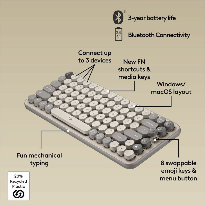 Logitech POP Keys Mechanical Wireless Keyboard with Customizable Emoji Keys, Compact Design, Bluetooth, Mist