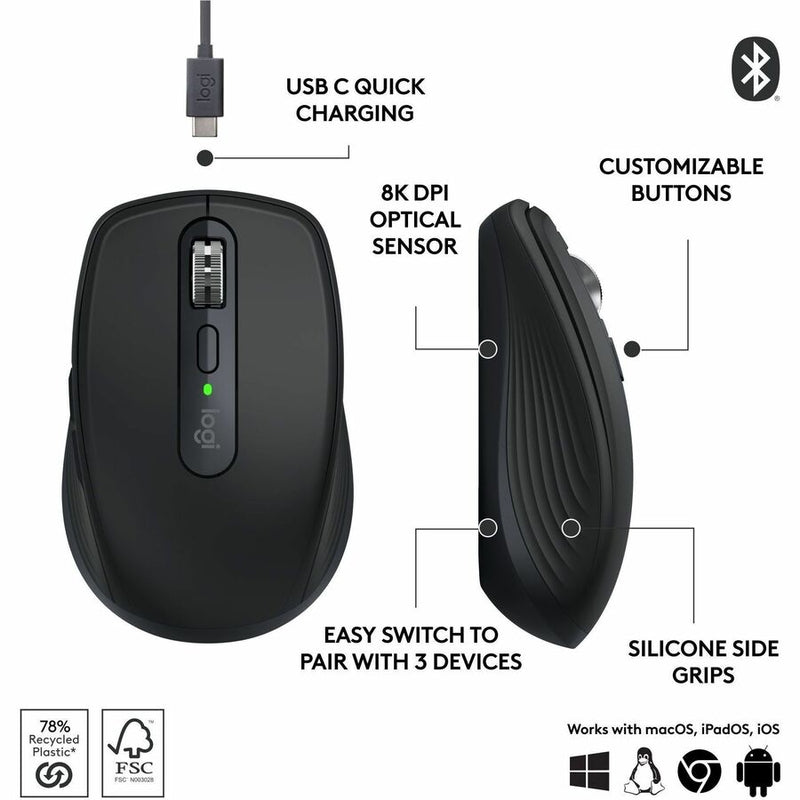 Logitech MX Anywhere 3S Compact Wireless Mouse, Fast Scrolling, 8K DPI Any-Surface Tracking, Quiet Clicks - Black
