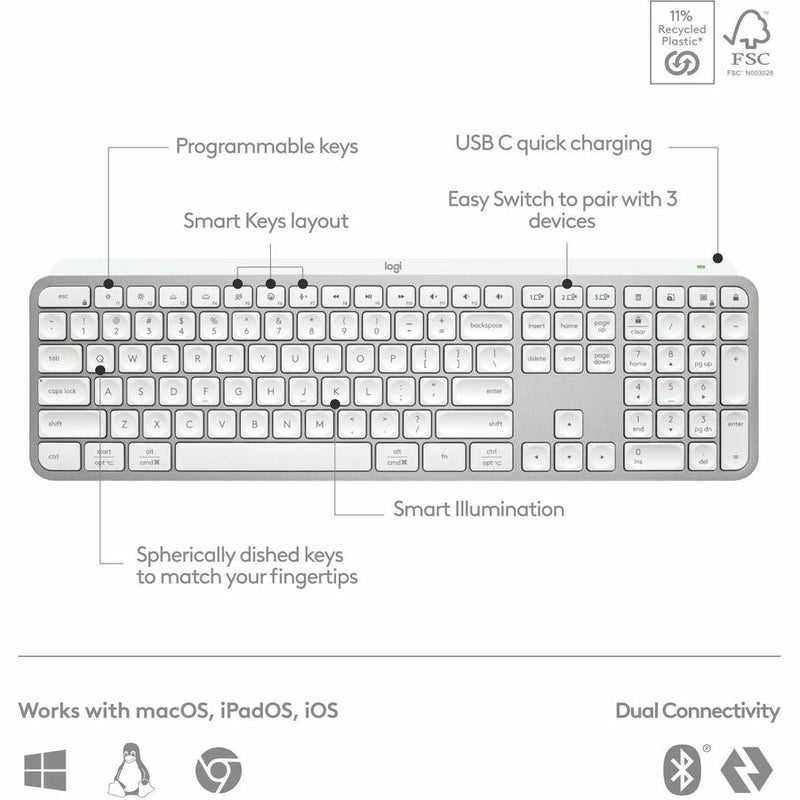 Logitech MX Keys S Wireless Keyboard, Low Profile, Fluid Precise Quiet Typing, USB C Rechargeable, Pale Gray