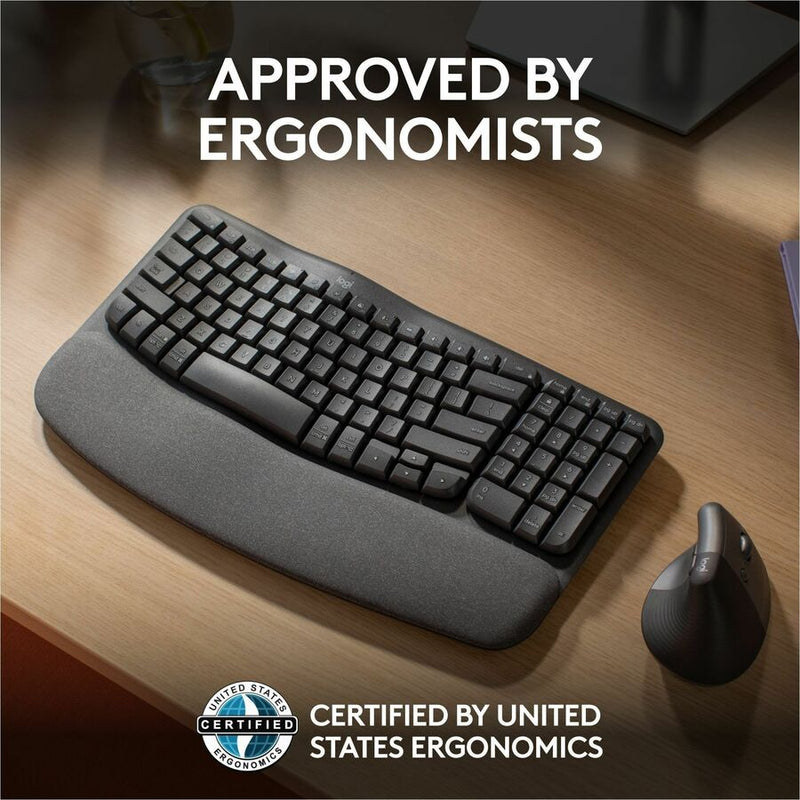 Logitech Wave Keys Wireless Ergonomic Keyboard with Cushioned Palm Rest, Comfortable Natural Typing, Graphite