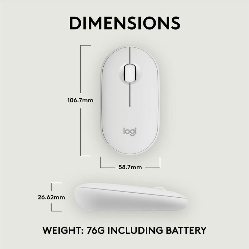Logitech Pebble Mouse 2 M350s Slim Bluetooth Wireless Mouse, Portable, Customizable Button, Quiet Clicks, Tonal White