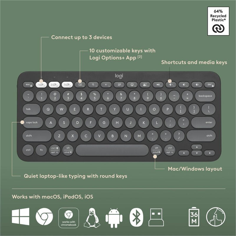 Logitech Pebble 2 Combo, Wireless Keyboard and Mouse, Quiet and Portable, Customizable, Logi Bolt, Tonal Graphite