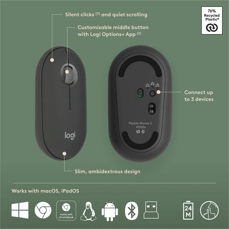 Logitech Pebble 2 Combo, Wireless Keyboard and Mouse, Quiet and Portable, Customizable, Logi Bolt, Tonal Graphite