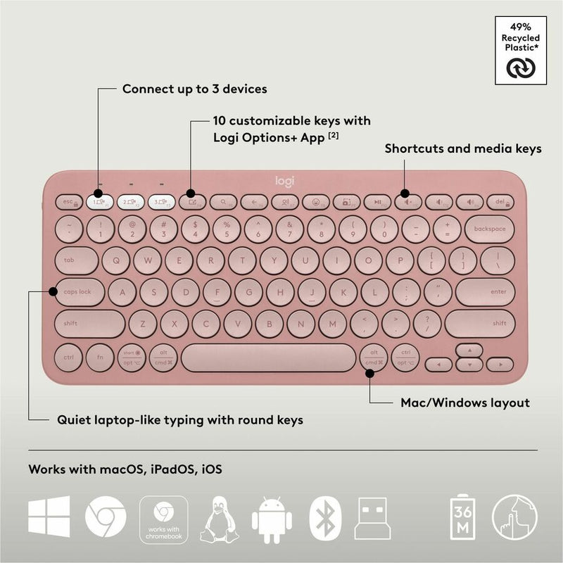 Logitech Pebble 2 Combo, Wireless Keyboard and Mouse, Quiet and Portable, Customizable, Logi Bolt, Tonal Rose
