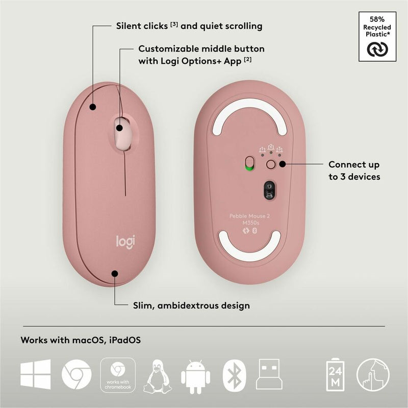 Logitech Pebble 2 Combo, Wireless Keyboard and Mouse, Quiet and Portable, Customizable, Logi Bolt, Tonal Rose