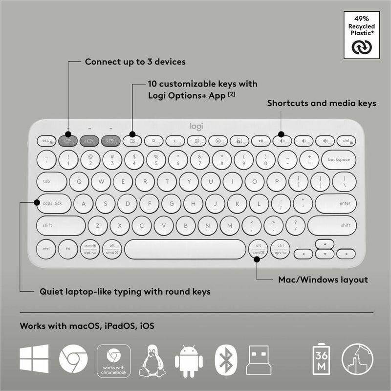 Logitech Pebble 2 Combo, Wireless Keyboard and Mouse, Quiet and Portable, Customizable, Logi Bolt, Bluetooth, Tonal White