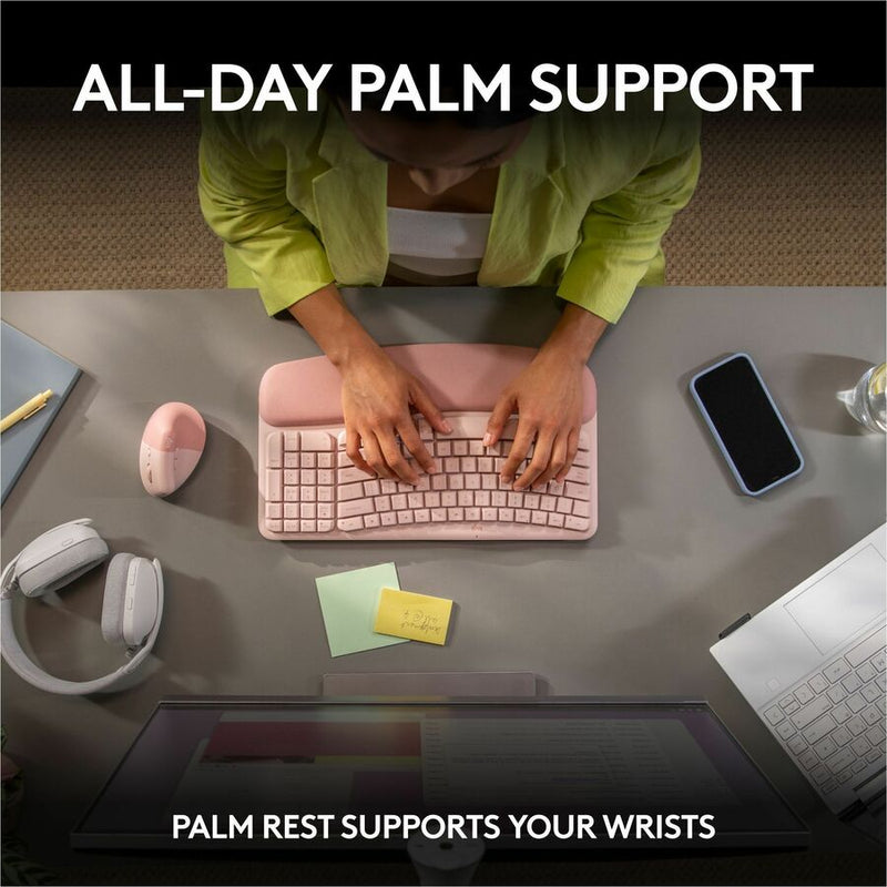 Logitech Wave Keys Wireless Ergonomic Keyboard with Cushioned Palm Rest, Comfortable Natural Typing, Easy-Switch, Rose