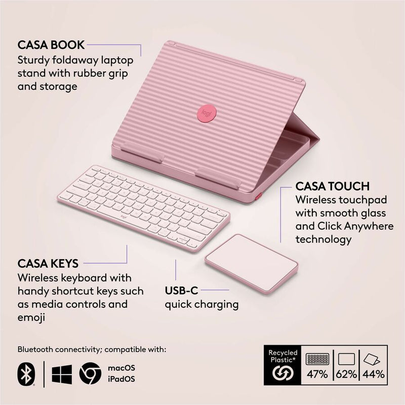 Logitech Casa Pop-Up Desk Work From Home Kit with Laptop Stand, for Laptop/MacBook (10" to 17"), Rose