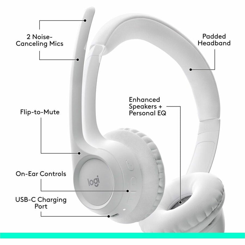 Logitech Zone 300 Wireless Bluetooth Headset With Noise-Canceling Microphone, Compatible with Windows, Mac, Chrome, Linux, iOS, iPadOS, Android - Off-white