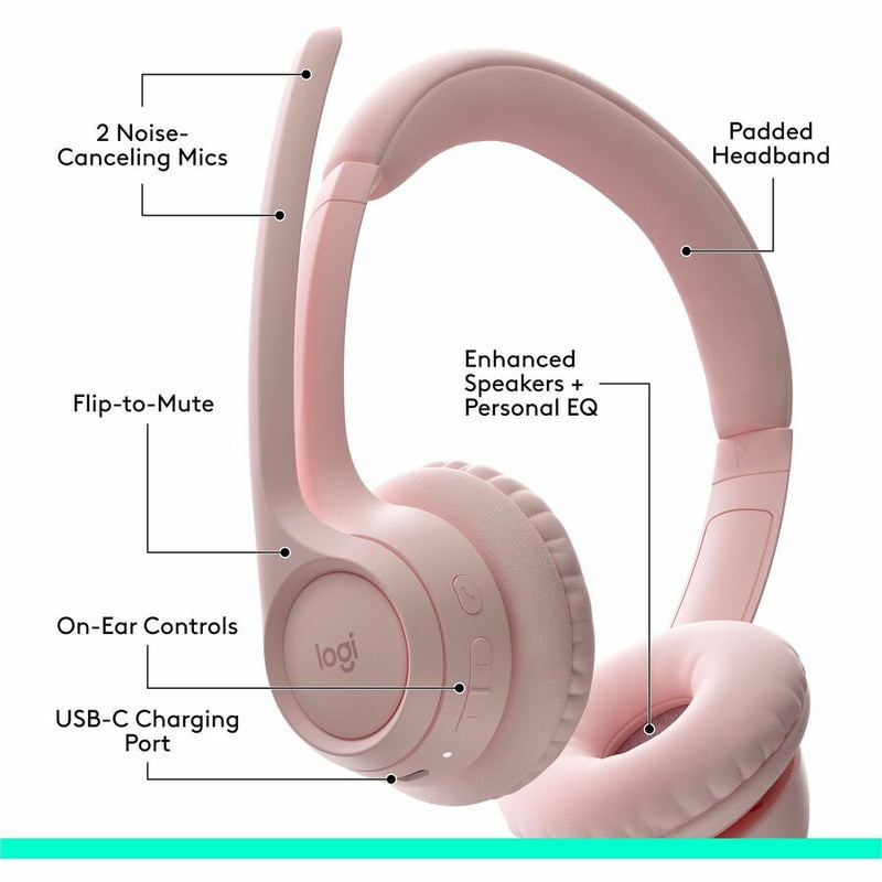 Logitech Zone 300 Wireless Bluetooth Headset With Noise-Canceling Microphone, Compatible with Windows, Mac, Chrome, Linux, iOS, iPadOS, Android - Rose