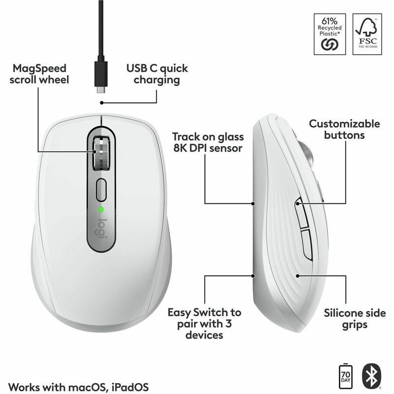 Logitech MX Anywhere 3S for Mac, Compact Wireless Bluetooth Mouse, 8K DPI Any-Surface Tracking, Quiet Clicks, USB C, Wireless Mouse for MacBook Pro, Macbook Air, iMac, iPad (Pale Grey)