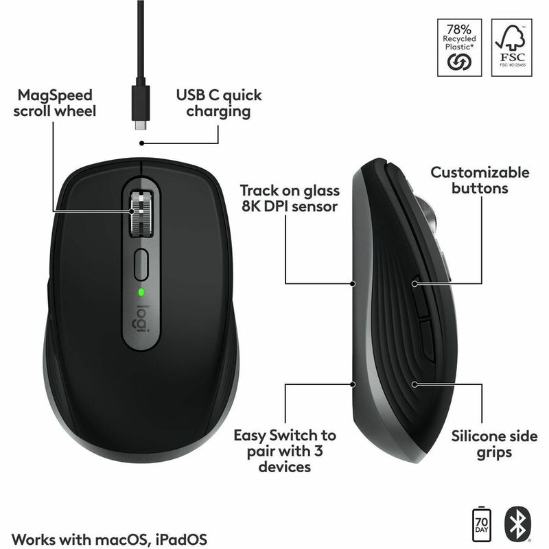 Logitech MX Anywhere 3S for Mac, Compact Wireless Bluetooth Mouse, 8K DPI Any-Surface Tracking, Quiet Clicks, USB C, Wireless Mouse for MacBook Pro, Macbook Air, iMac, iPad (Space Grey)
