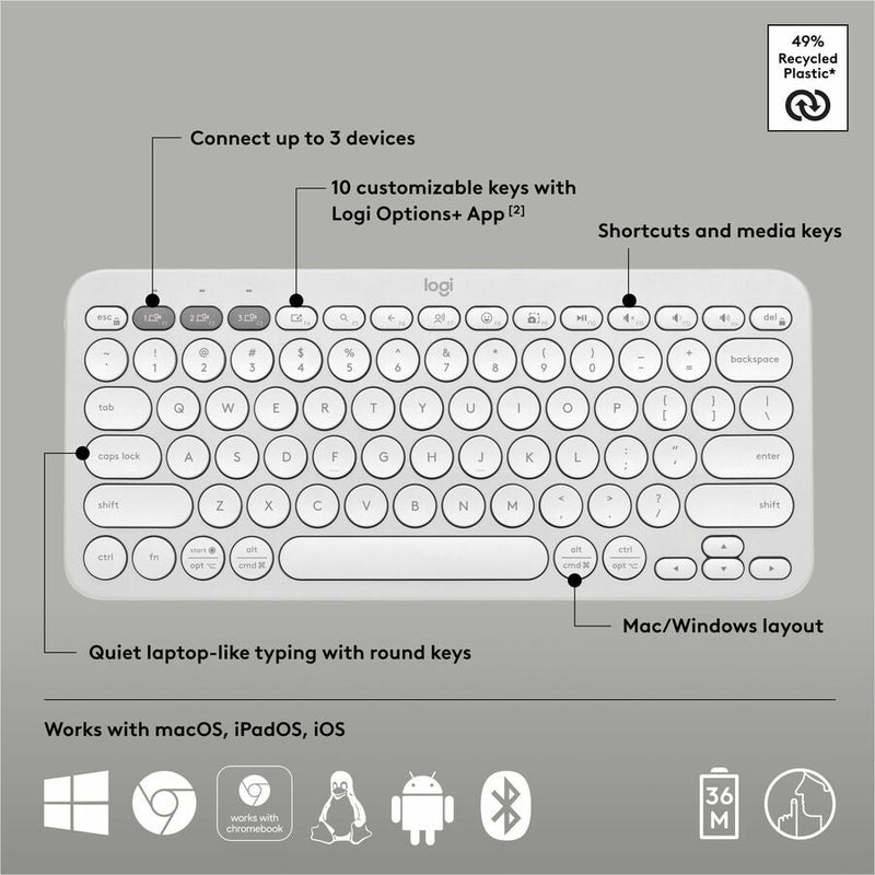 Logitech Pebble Keys 2 K380s, Multi-Device Bluetooth Wireless Keyboard with Customizable Shortcuts, Tonal White