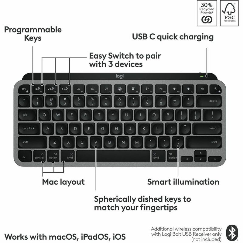 Logitech MX Keys Mini for Mac Minimalist Wireless Keyboard Compact, Bluetooth, Backlit Keys, USB-C, Fast - Space Gray