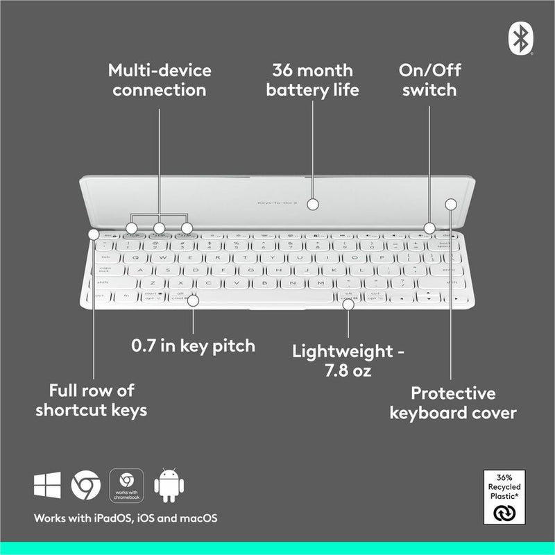 Logitech Keys-To-Go 2 Portable Bluetooth Keyboard for Tablet With Built-in Cover, Slim and Compact Wireless Keyboard for Windows, Android, Linux, iPad, iPhone, Mac, Apple TV (Pale Grey)