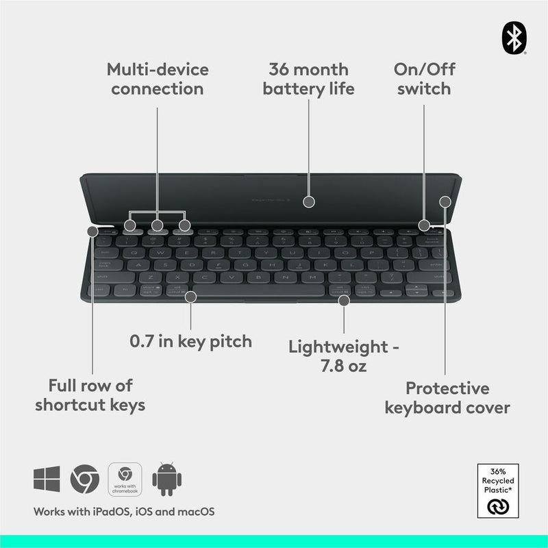 Logitech Keys-To-Go 2 Portable Bluetooth Keyboard for Tablet With Built-in Cover, Slim and Compact Wireless Keyboard for Windows, Android, Linux, iPad, iPhone, Mac, Apple TV (Graphite)