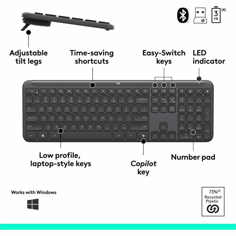 Logitech Signature Slim MK955 Combo for Business, Copilot Edition, Wireless Keyboard and Mouse, Graphite