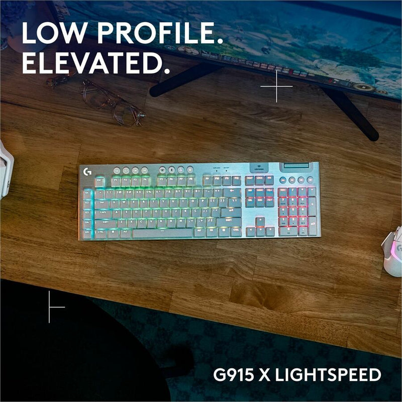 Logitech G915 X LIGHTSPEED Low-Profile Wireless Gaming Keyboard, Double-Shot PBT Keycaps, Fully Programmable Keys, RGB Backlighting, Sleek Aluminum Finishing, GL Brown Tactile Switches - PC/Mac (White)