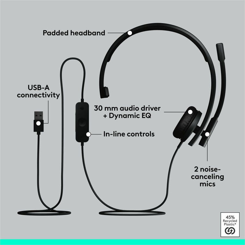 Logitech H570e USB Wired Mono Headset, USB-A, Noise-Canceling Mics, Inline Controls, Certified for Microsoft Teams, Black