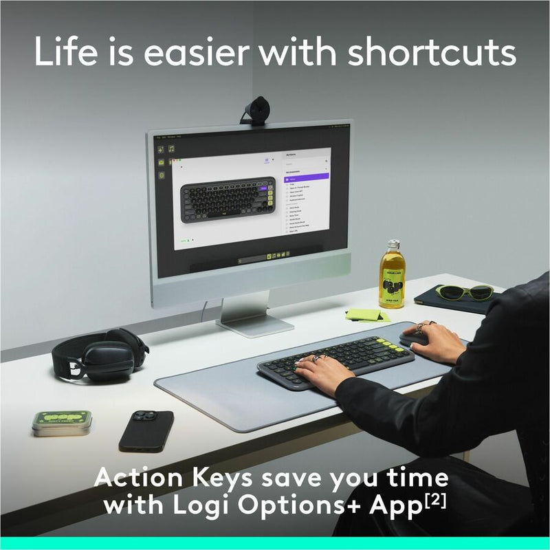 Logitech POP ICON KEYS Wireless Bluetooth Keyboard, Comfortable Typing, Programmable Keys, Easy-Switch Between up to 3 Devices (Graphite & Green)