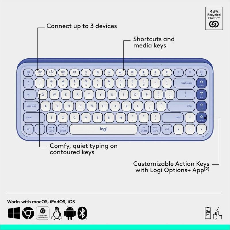 Logitech POP ICON COMBO, Bluetooth Keyboard and Mouse Combo, Comfortable Typing, Programmable Keys and Buttons, Quiet Clicks (Lilac & Off-white)