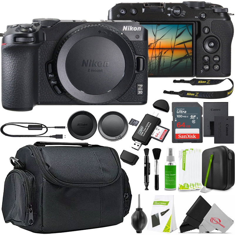 Nikon Z 30 Mirrorless Camera Body (Black) with SanDisk 64GB Ultra SDXC Card Basic Accessory Bundle